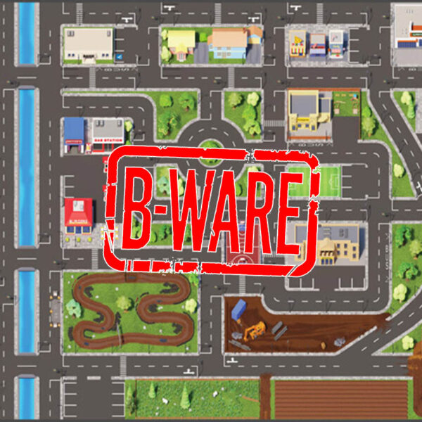 Spielteppich 200x140 cm (B-Ware) mit Stadt- und Landschaftsszenen, Straßen, Gebäuden und Bauernhofdetails.