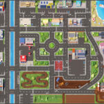 Gesamtansicht des 200x160 cm Maxi City Straßenteppichs mit Stadtlayout, Straßen und Gebäuden