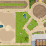 Detailreicher Pferde-Spielteppich mit Reitplatz, Race Track, Wiese, Trainingsplätzen und Pferdeställen in realistischer Gestaltung.