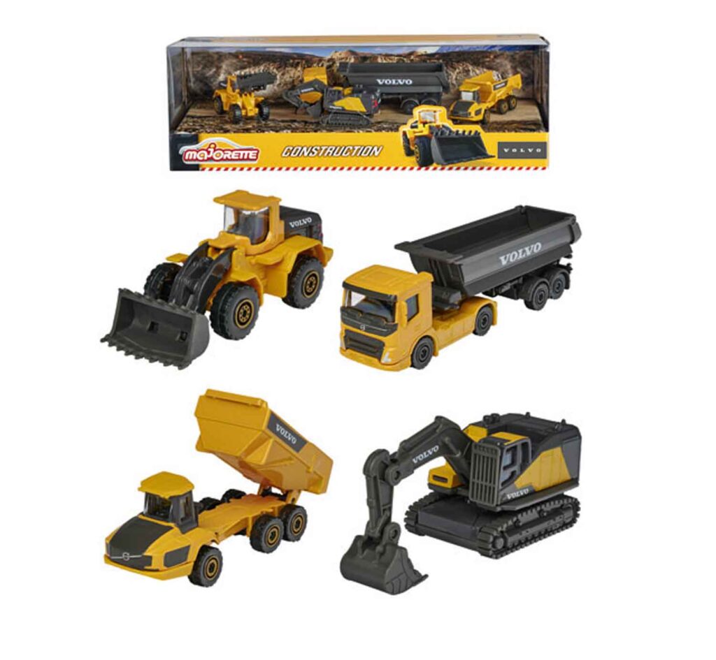 Majorette Volvo Construction Spielzeugset mit fünf detailgetreuen Baufahrzeugen im Maßstab 1:64 – bestehend aus Radlader, Kipper, Bagger, Muldenkipper und LKW im Geschenkkarton.