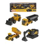 Majorette Volvo Construction Spielzeugset mit fünf detailgetreuen Baufahrzeugen im Maßstab 1:64 – bestehend aus Radlader, Kipper, Bagger, Muldenkipper und LKW im Geschenkkarton.