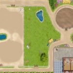 Vogelperspektive auf einen Pferde-Spielteppich mit Reitplatz, Wiese, Stall und verschiedenen Trainingsbereichen.