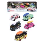 Majorette VW The Originals Geschenk-Set, bestehend aus fünf verschiedenen Volkswagen Modellautos, darunter ein VW Käfer und verschiedene T1 Busse in bunten Farben und mit thematischen Designs wie Surf- und Adventure-Looks.
