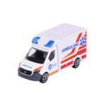Majorette Mercedes Benz Sprinter Ambulanz-Spielzeugauto in Weiß mit roten Streifen und der Aufschrift "Ambulanz" – detailgetreues Modell mit Freilauf, ideal für Kinder ab 3 Jahren.