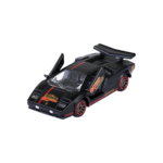 Majorette Lamborghini Countach LP400 – Vorderansicht des schwarzen Modellautos aus der 60 Jahre Majorette Jubiläums-Edition mit Freilauf und Jubiläums-Logo.