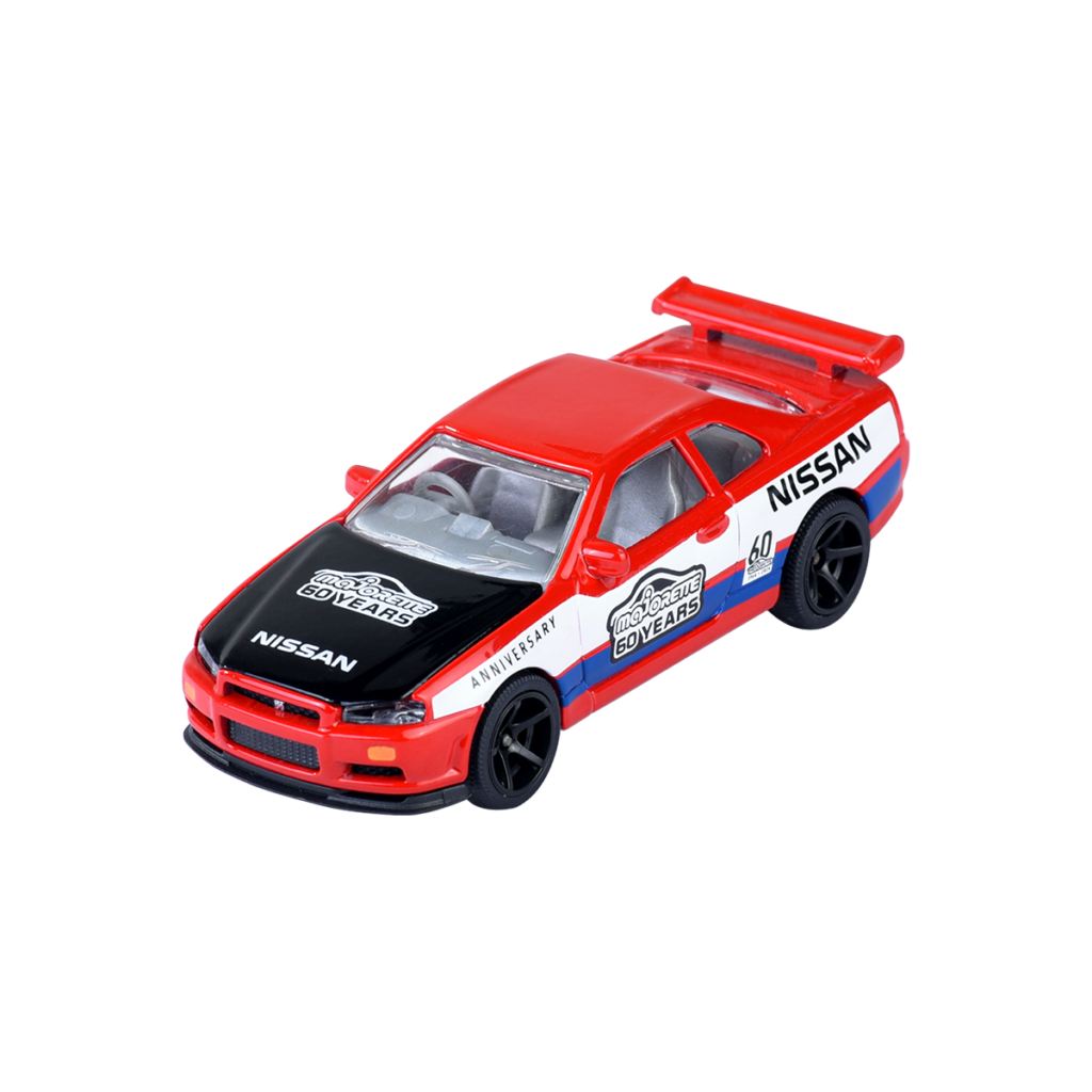 Majorette Nissan Skyline GT-R (R34) – Vorderansicht des Jubiläums-Modellautos in Rot mit authentischen Nissan-Elementen.