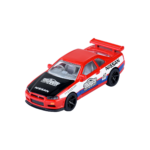 Majorette Nissan Skyline GT-R (R34) – Vorderansicht des Jubiläums-Modellautos in Rot mit authentischen Nissan-Elementen.