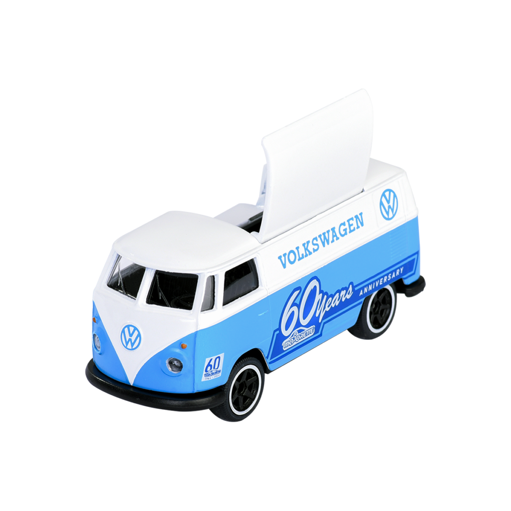 Majorette Volkswagen T1 Foodtruck – Vorderansicht des Jubiläums-Modellautos aus der 60 Jahre Majorette Edition mit Freilauf und authentischen Details.