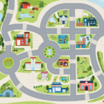 Cute City Spielteppich 200 x 140 cm – farbenfrohe Stadtlandschaft für das Kinderzimmer, ideal für Jungen und Mädchen.