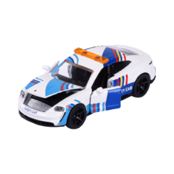 Majorette Porsche Taycan Turbo S Safety Car mit geöffneten Türen und Motorhaube, Frontansicht.