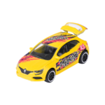 Frontansicht Renault Mégane R.S. Graffiti Edition – Gelbes Modellauto mit auffälligem Graffiti-Design und geöffnetem Kofferraum.