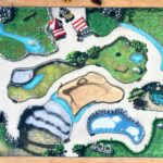 Übersichtsfoto eines 200x140 cm großen Zoo-Spielteppichs ohne Tiere, mit Gehegen, Wegen, Flüssen und Details wie Eisbärgehege, Savanne und Wasserfall
