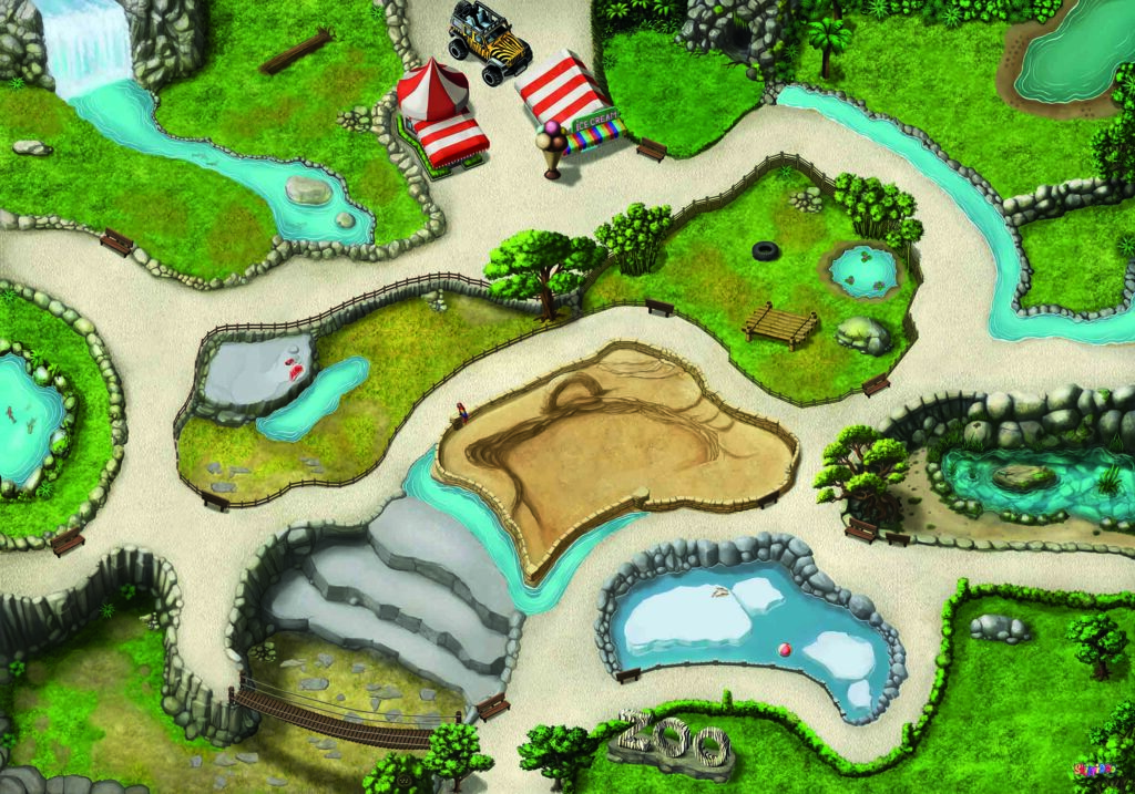 Spielteppich Zoo mit 3D-Illustrationen und Tiergehegen – kompatibel mit Schleich, Papo und CollectA