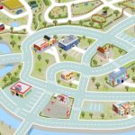 Spielteppich Fluffy Town mit Stadtmotiv, Bauernhof, Stadion und Straßennetz – 200 x 140 cm