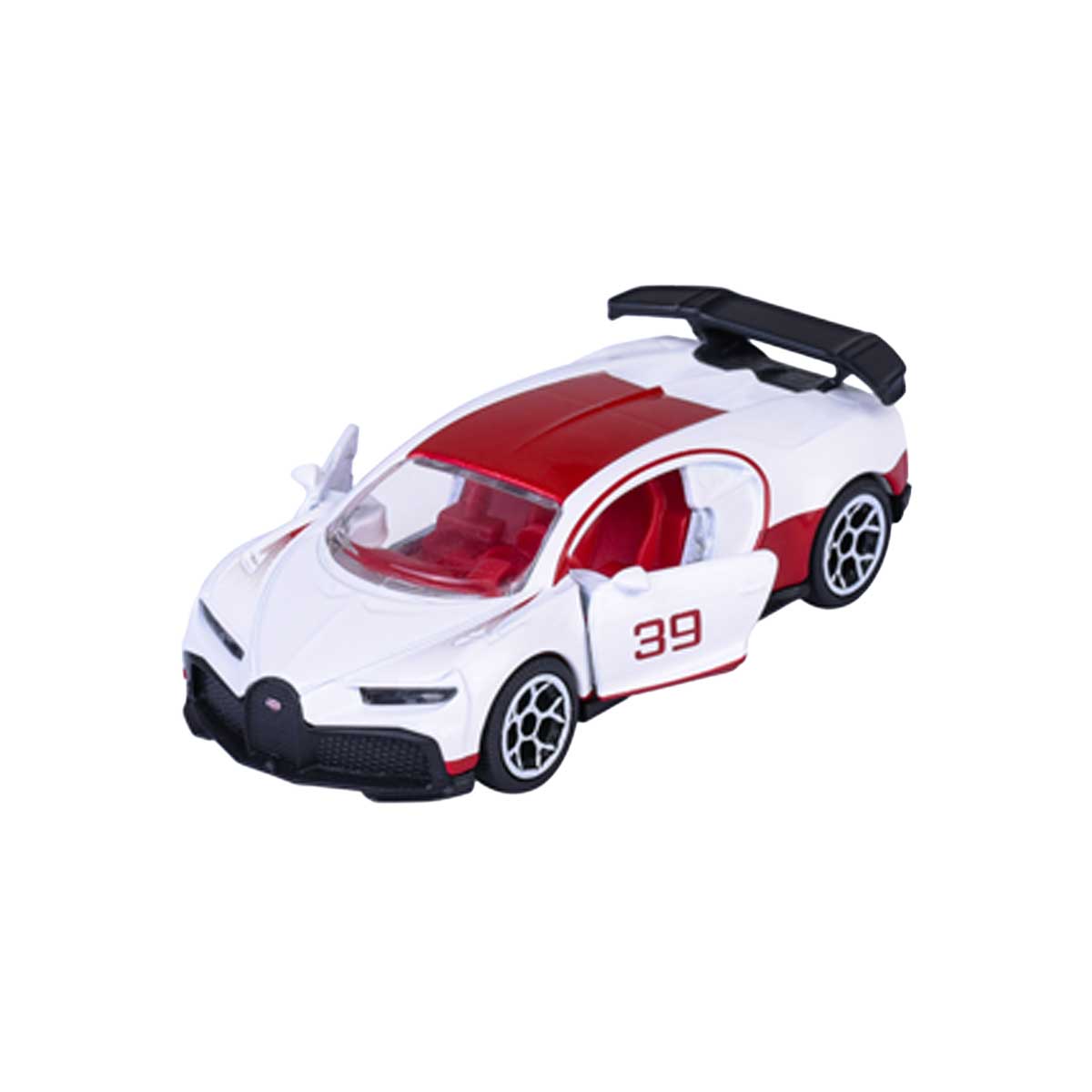 Majorette Bugatti Chiron Pur Sport in Weiß mit roten Akzenten und Startnummer 39, offener Fahrertür, schwarzem Heckspoiler und Sportfelgen, Modellauto 1:64.