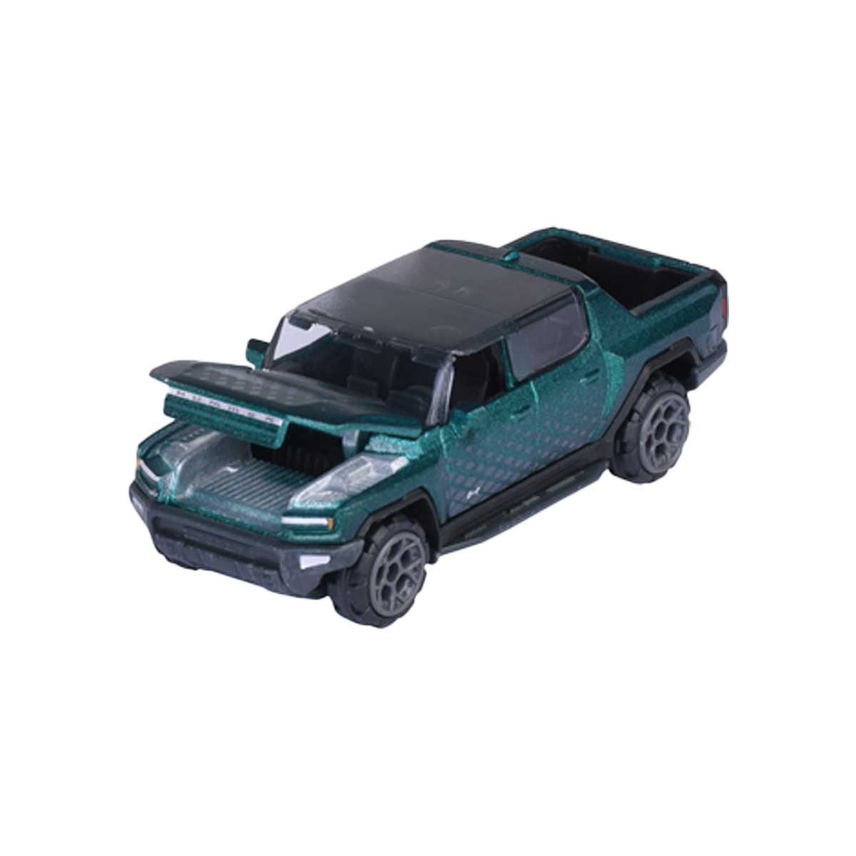 Majorette GMC HUMMER EV in Metallic-Grün, Modellauto 1:64 mit geöffnetem Frunk (vorderer Kofferraum), Offroad-Felgen und robuster Pick-up-Karosserie.