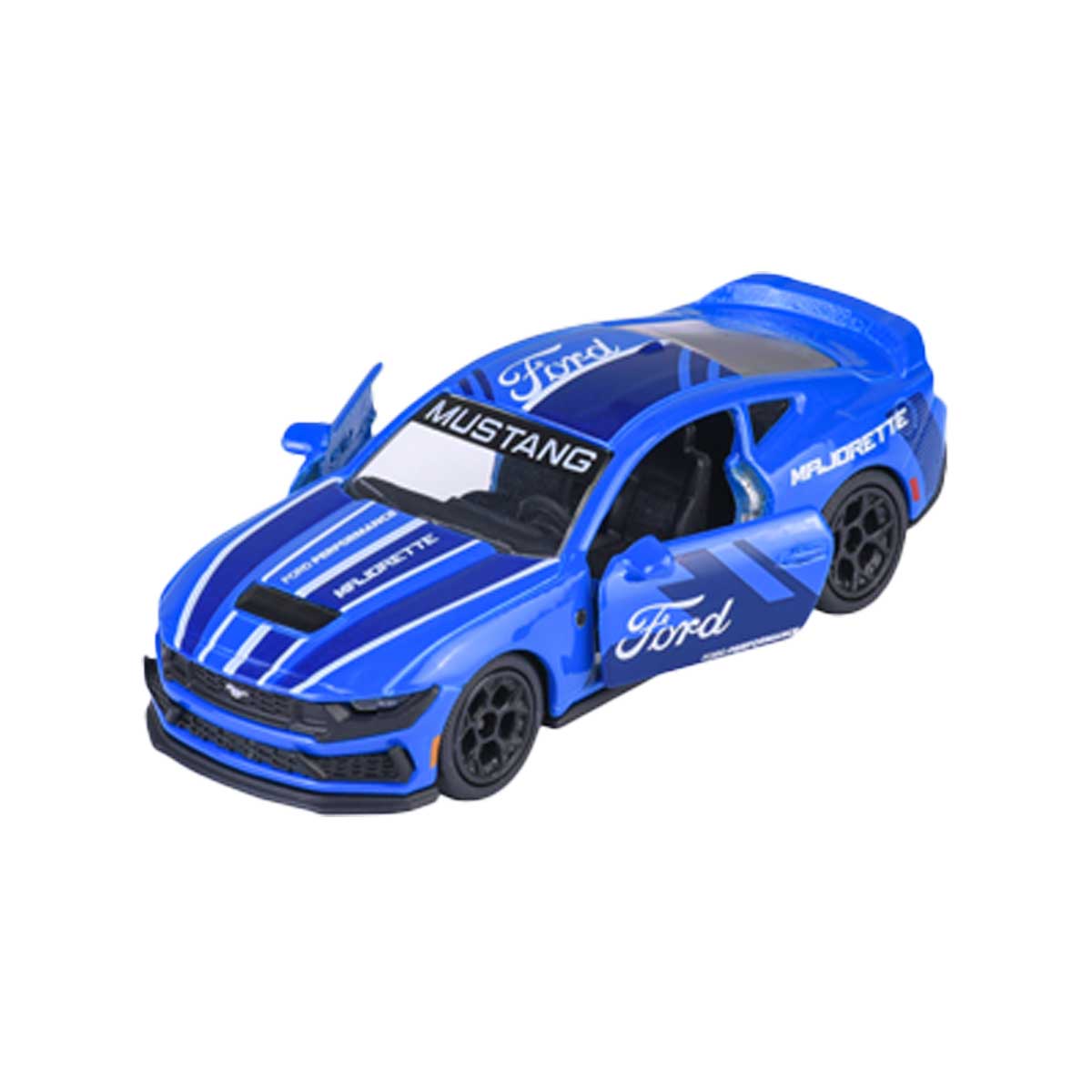Majorette Ford Mustang Dark Horse – Modellauto in Blau mit geöffneten Türen, sportlichem Design und detailreicher Bedruckung.