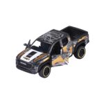 Majorette Toyota Tacoma TRD Pro Deluxe Modellauto in Grau mit auffälligem Camouflage-Design, geöffneten Türen und gelb umrandeten Reifen.