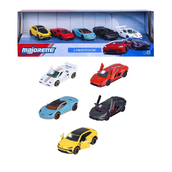 Fünf Majorette Lamborghini Modellautos im Geschenkset, Maßstab 1:64, mit funktionierenden Türen, in Gelb, Rot, Weiß, Blau-Türkis und Schwarz, in Originalverpackung