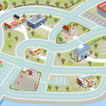 Spielteppich „Small Fluffy Town“ 160×120 cm mit Straßen, Häusern, Tankstelle und Stadion