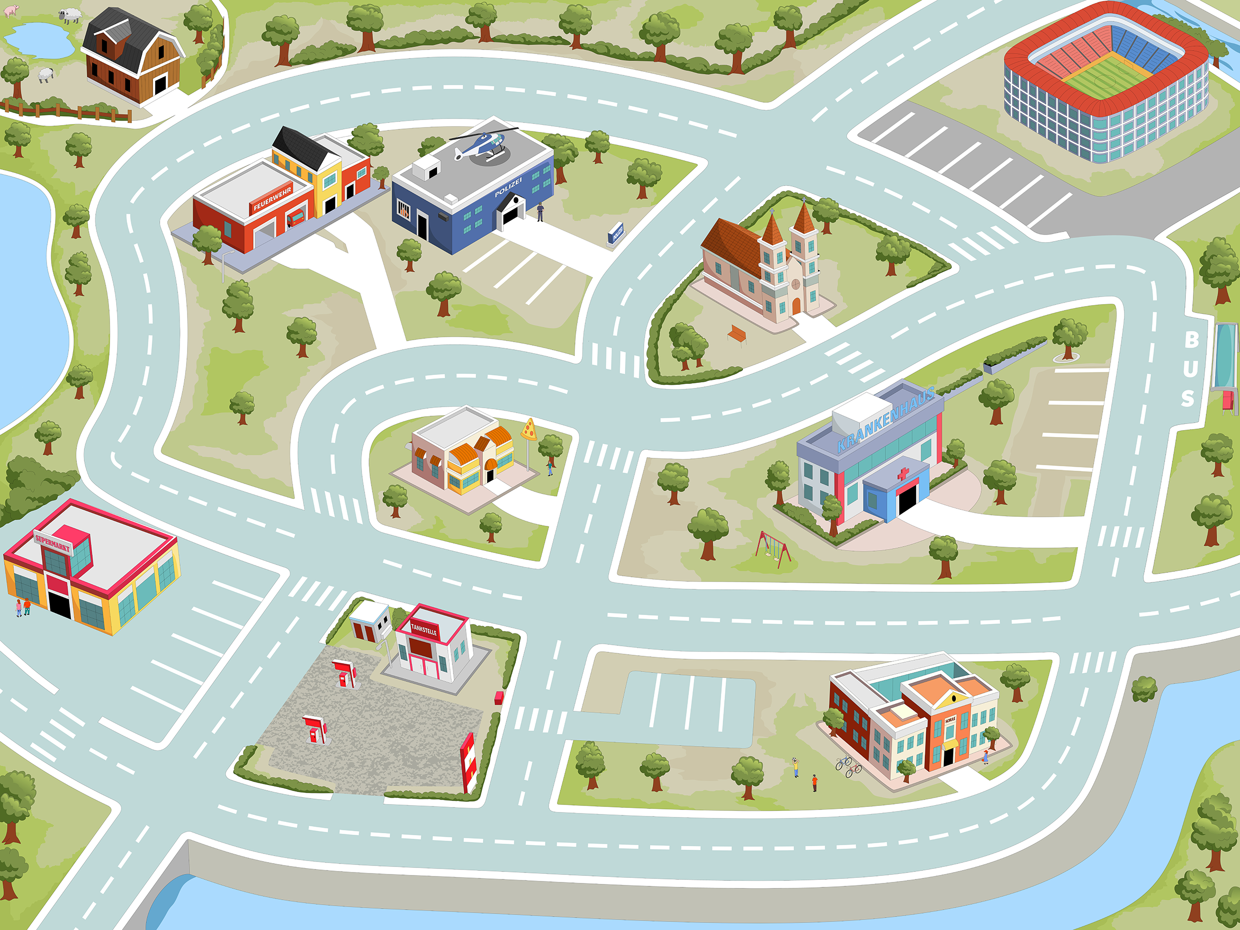 Spielteppich „Small Fluffy Town“ 160×120 cm mit Straßen, Häusern, Tankstelle und Stadion