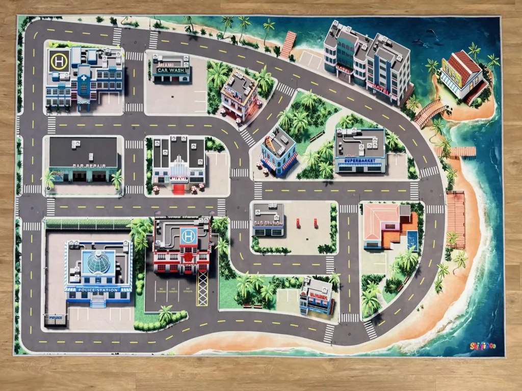 Spielteppich „Miami“ mit Straßen, Gebäuden und Strand – detailreiche Stadtlandschaft für Kinder, 200x140 cm