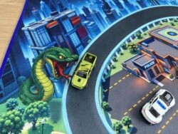 Detailaufnahme des Spielteppichs „Monster City“ 160×110 cm mit riesiger Schlange, Polizeistation und Autos auf der Straße