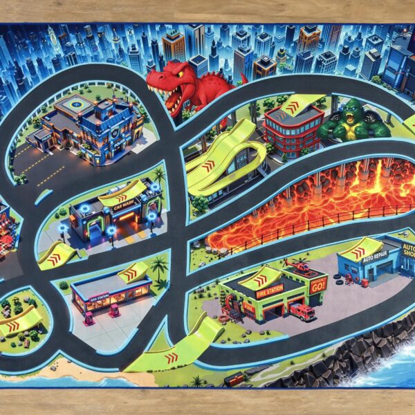 Spielteppich „Monster City XL“ 200×140 cm mit Lavafeld, Dinosaurier, Sprungschanzen und Stadtszenen