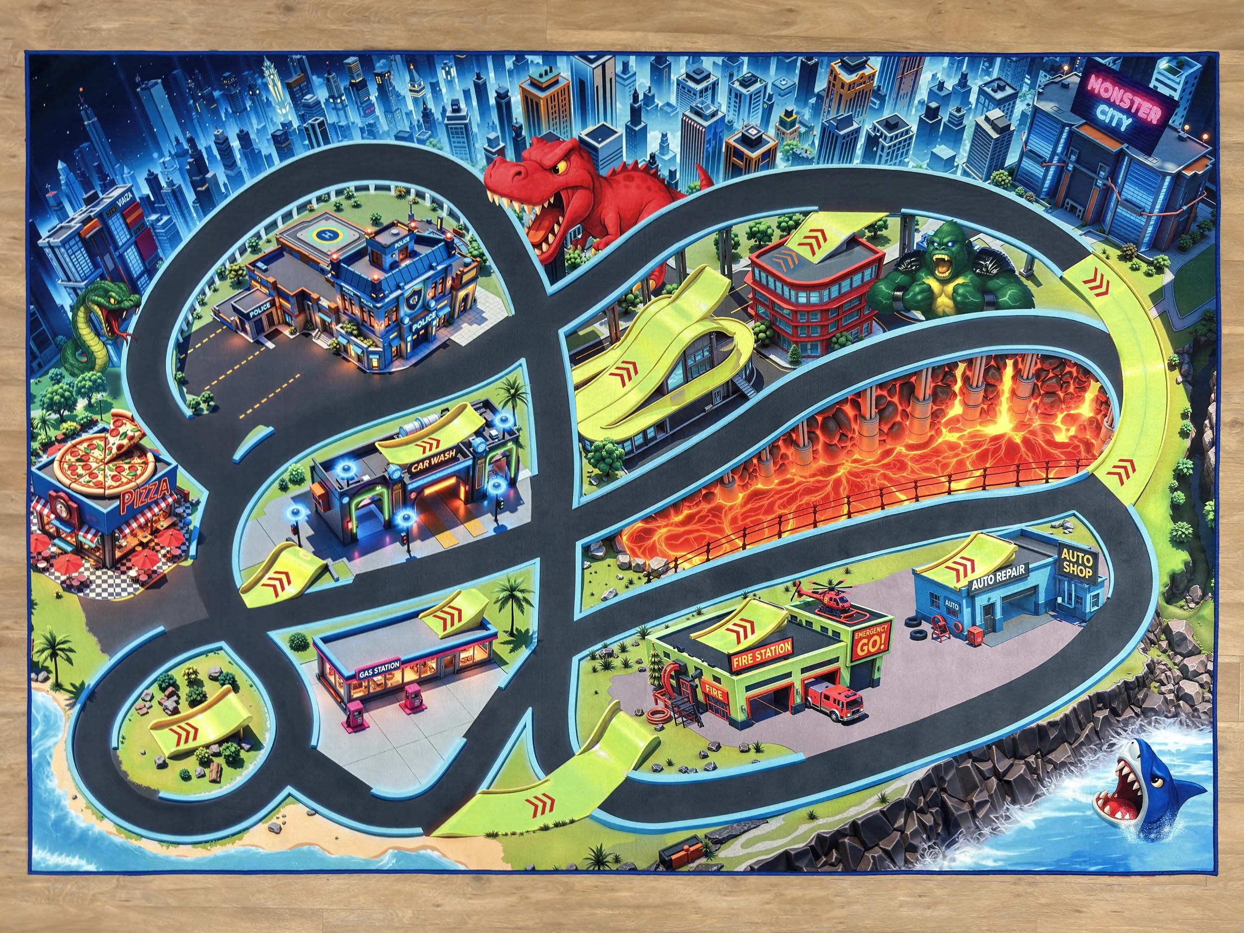 Spielteppich „Monster City XL“ 200×140 cm mit Lavafeld, Dinosaurier, Sprungschanzen und Stadtszenen