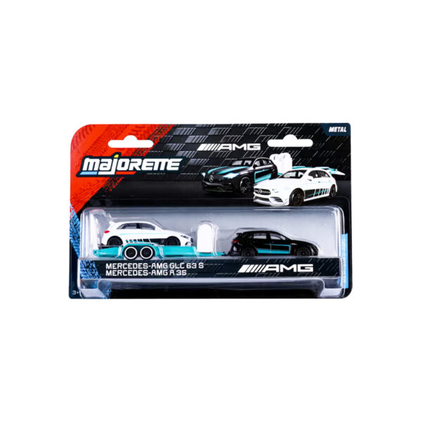 Majorette Blisterset mit weißem AMG GLC 63 S und schwarzem AMG A35 mit türkisfarbenen Akzenten.