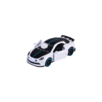 Majorette Alpine A110 R Modellauto Showroom Premium Cars in Weiß mit schwarzen und blauen Streifen, Tür geöffnet, 7,5 cm.
