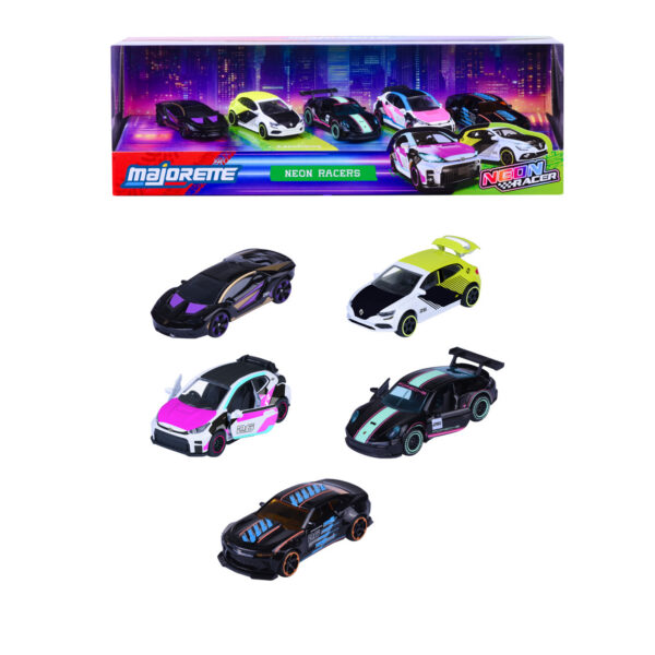 Majorette Neon Racer Geschenkset mit 5 Modellautos in Neon-Design in Originalverpackung, Maßstab 1:64, je 7,5 cm.