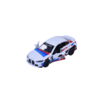 Majorette BMW M3 Racing Modellauto in Weiß mit roten und blauen Streifen, 7,5 cm, Türen geöffnet.