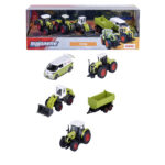 Majorette Farm Geschenkset mit CLAAS Arion 660, CLAAS Xerion 5000, CLAAS Torion 956-537 Sinus, Anhänger und Volkswagen ID. Buzz in Seitenansicht.