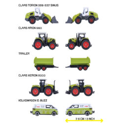 Majorette Claas Farm Set Fahrzeugübersicht mit Claas Torion 956-537 Sinus, Claas Arion 660, Claas Xerion 5000, Anhänger und Volkswagen ID. Buzz, jeweils 7,5 cm.