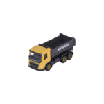 Majorette Volvo FMX Dumper Kipplaster in Frontansicht mit gelber Fahrerkabine und schwarzer Mulde, Maßstab 1:64.