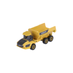 Majorette Volvo Hauler A60H Knicklenker in Frontansicht mit gelber Mulde und schwarzer Kabine, Maßstab 1:64.