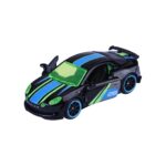 Majorette Alpine A110R Neon Racer Modellauto in Schwarz mit blauen und grünen Neon-Details sowie geöffneter Tür.