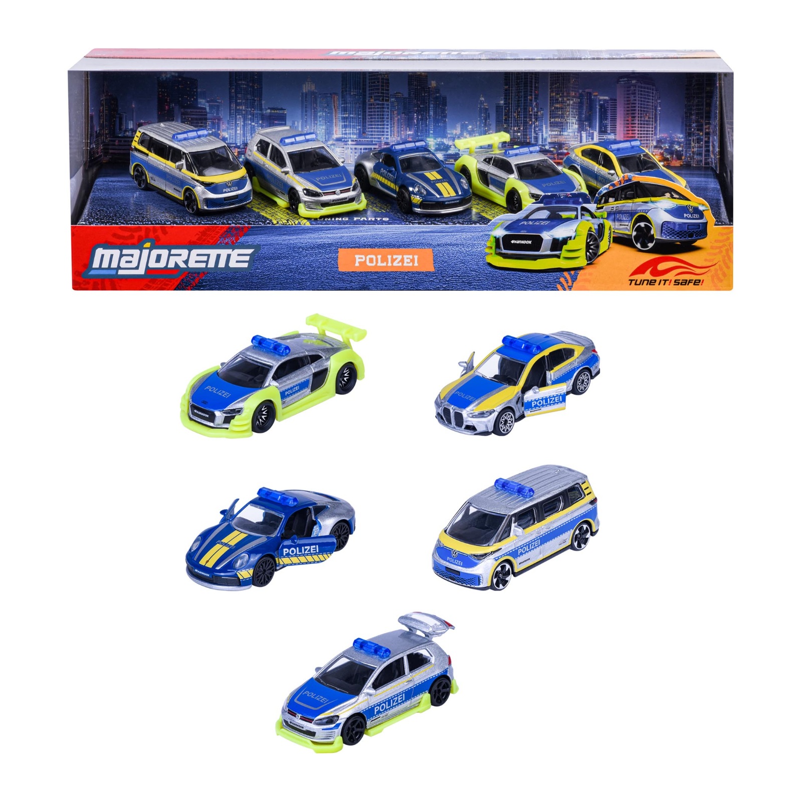 Majorette Tune it Safe 5 pieces Giftpack – Polizei-Geschenkset mit 5 Modellautos – Vorderansicht Majorette Tune it Safe 5 pieces Giftpack – Polizei-Geschenkset mit 5 Modellautos – Vorderansicht