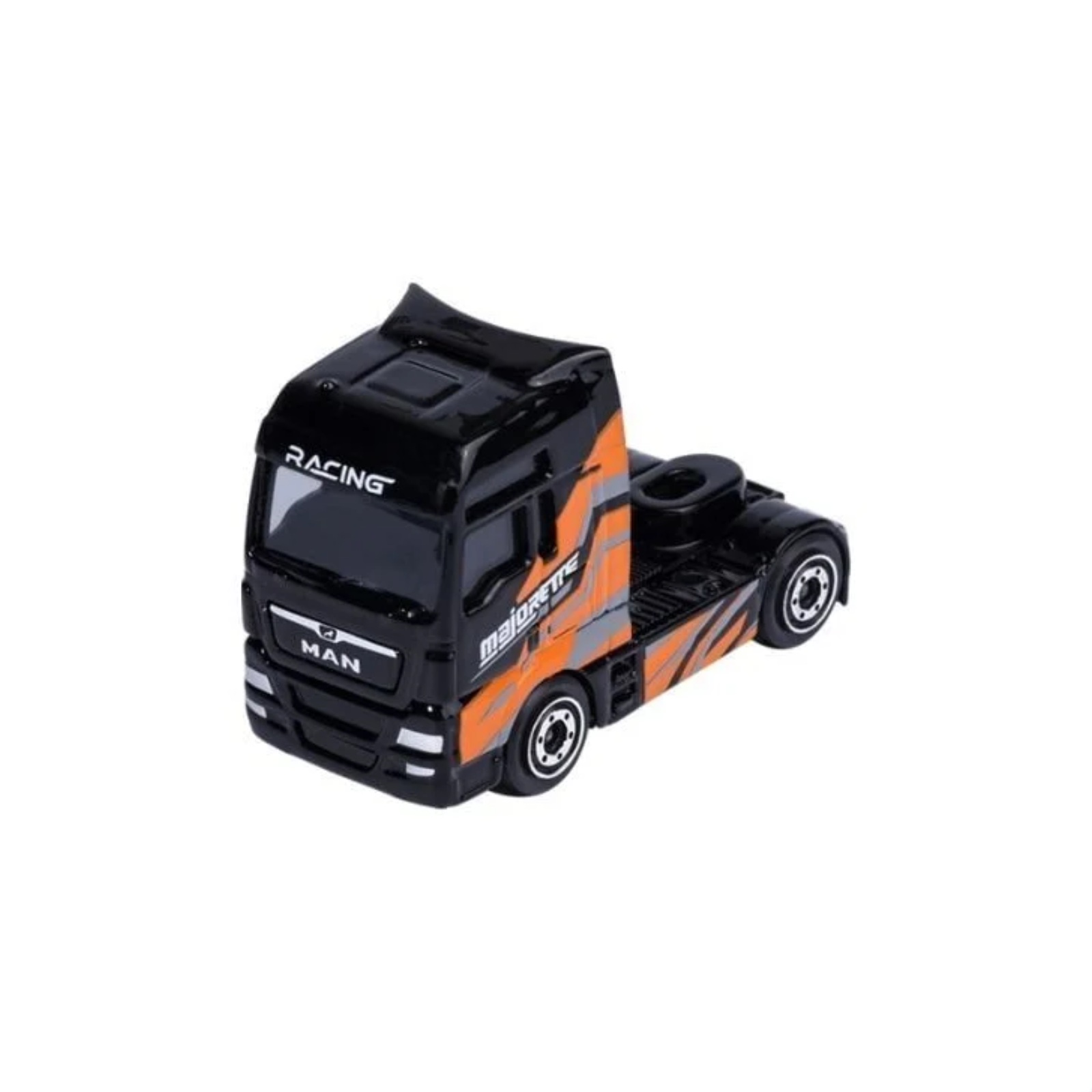 Majorette MAN TGX Racing-Sattelzugmaschine schwarz-orange – Vorderansicht