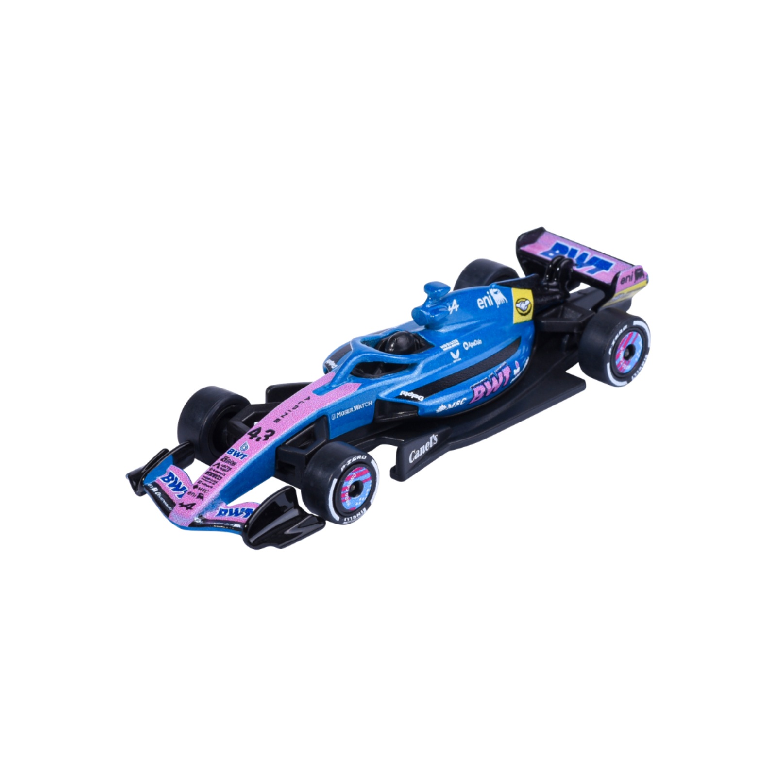 Majorette Alpine A525 R08 – Franco Colapinto F1-Rennwagen blau/pink – Vorderansicht Majorette Alpine A525 R08 – Franco Colapinto F1-Rennwagen blau/pink – Vorderansicht