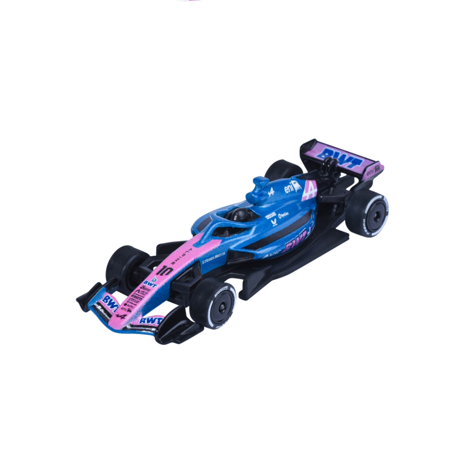 Majorette Alpine A525 R19 – Pierre Gasly F1-Rennwagen blau/pink – Vorderansicht Majorette Alpine A525 R19 – Pierre Gasly F1-Rennwagen blau/pink – Vorderansicht