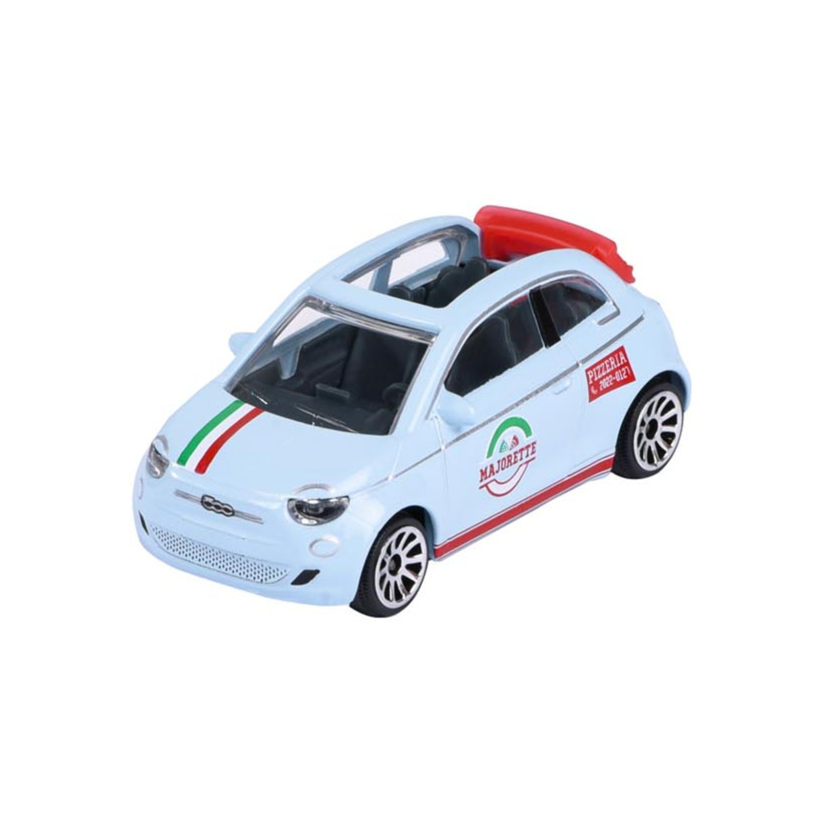 Majorette Fiat 500 Icon Pizzeria hellblau – Vorderansicht