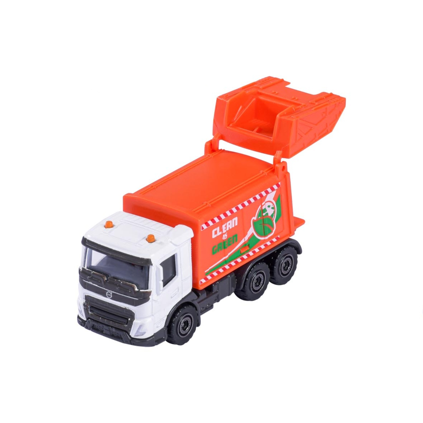 Majorette Volvo FMX Müllsammelwagen orange-orange – Vorderansicht
